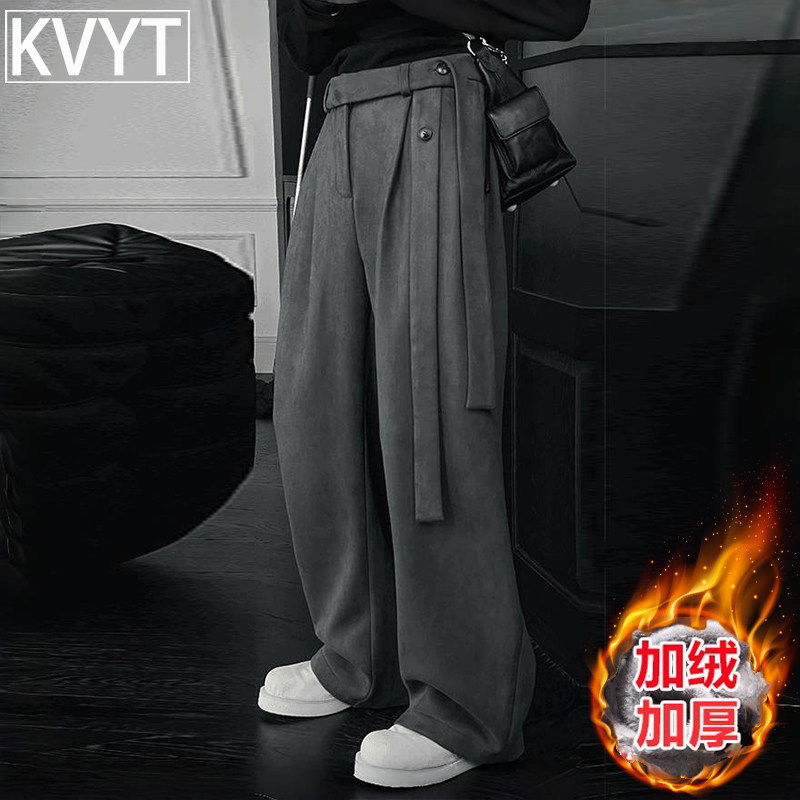 高端男士加绒西裤2026年冬季新款高级感痞帅弯刀卫裤男款阔腿长裤