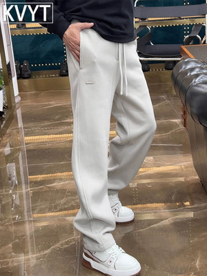 高端潮牌男士加绒裤子卫裤冬季加厚重磅弯刀裤男款运动休闲长裤子