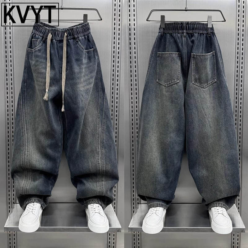 潮牌男士牛仔裤日系复古春秋冬款宽松大码阔腿裤子男款休闲老爹裤