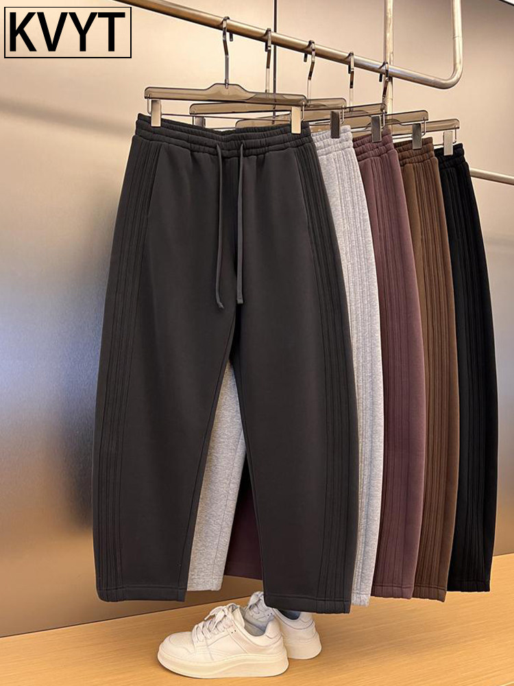 高端宽松直筒加绒卫裤男士2025年秋冬季新款休闲运动弯刀加厚男裤