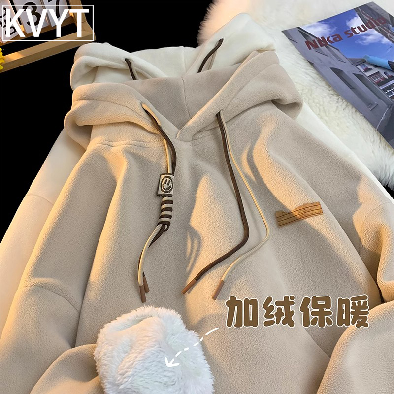 重磅羊羔绒卫衣男款外套秋冬款加绒加厚连帽上衣美式复古男生衣服