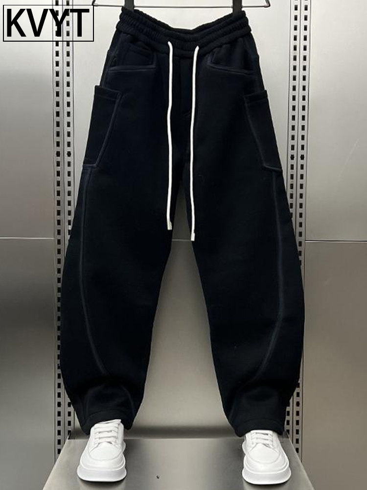 潮牌男士高级感弯刀裤秋冬季加绒卫裤2025新款美式拼接加厚长裤男