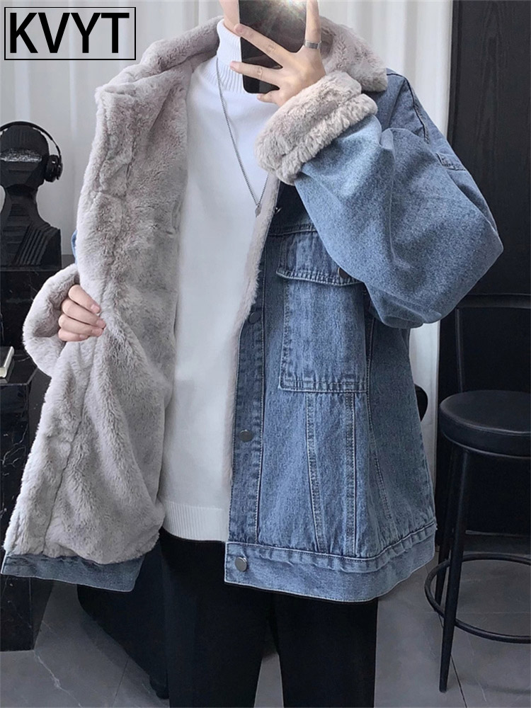 高端牛仔外套男士加绒加厚2025冬季新款潮牌翻领羊羔绒夹克衫男款