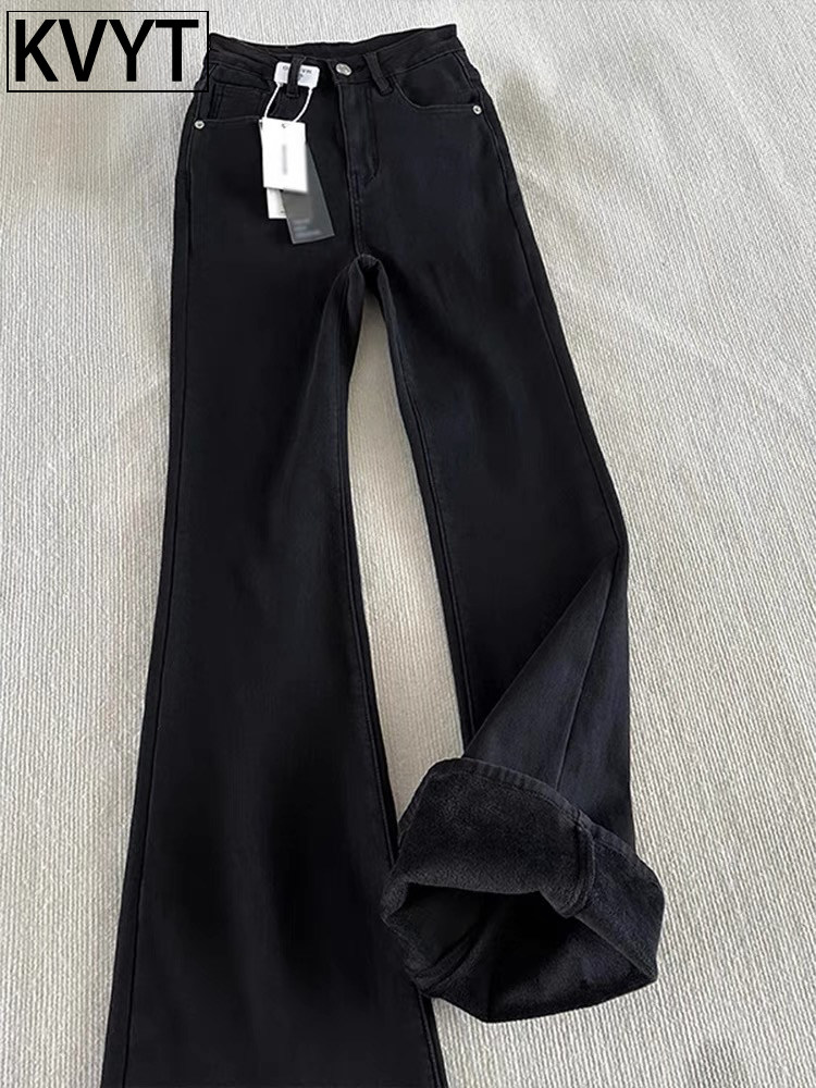 高端男士弯刀牛仔裤2025年秋冬季新款加绒长裤男款宽松直筒微喇裤