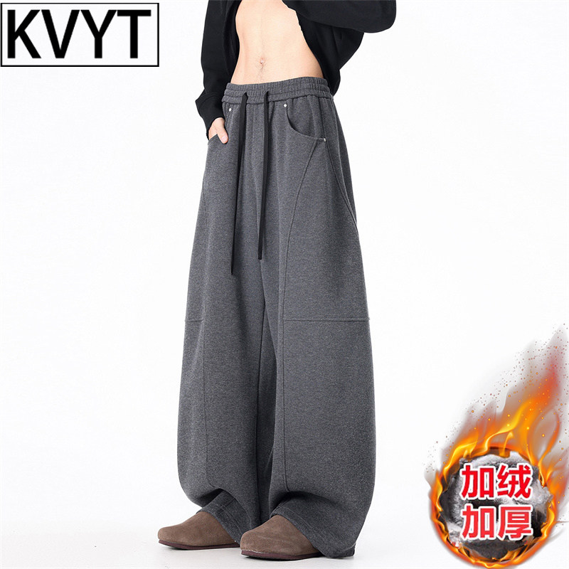 高端男士加绒弯刀裤2026年冬季新款潮牌美式复古加厚卫裤男款裤子