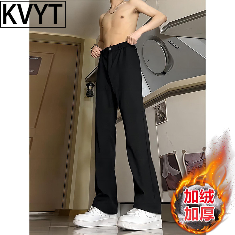 黑色西裤男款冬季加绒裤子2026新款潮牌美式痞帅垂感直筒微喇男裤