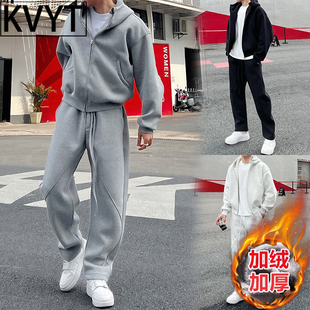 潮牌男士加绒休闲套装2026新款情侣外套长裤冬装搭配一整套高级感