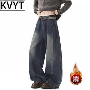 牛仔裤男士冬季加绒弯刀裤2025新款高端拼接加厚阔腿直筒长裤男款