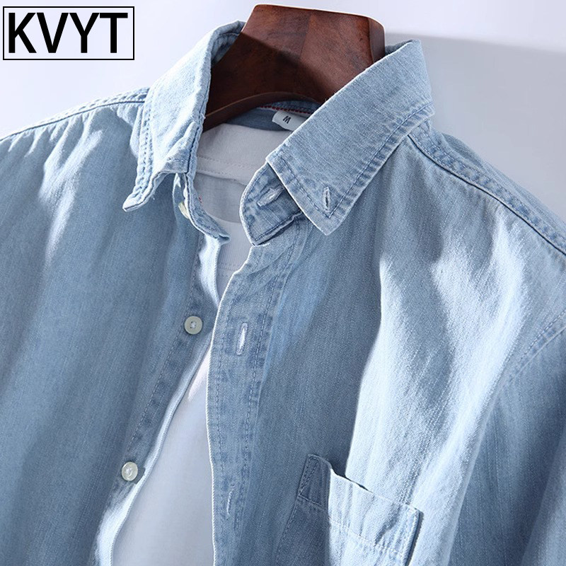牛仔衬衫男高级感纯色上衣2025春秋季薄款纯棉长袖衬衣男款外套潮