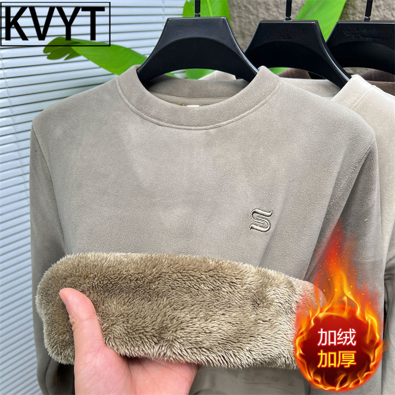 高端加绒卫衣男款冬季保暖内搭2026新款高级感圆领加厚男装打底衫