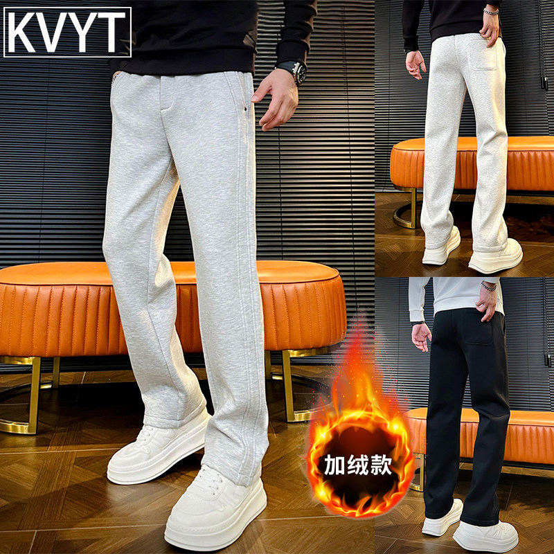 高级感韩版男士加绒裤子2026年冬季新款潮牌宽松直筒长裤男休闲裤