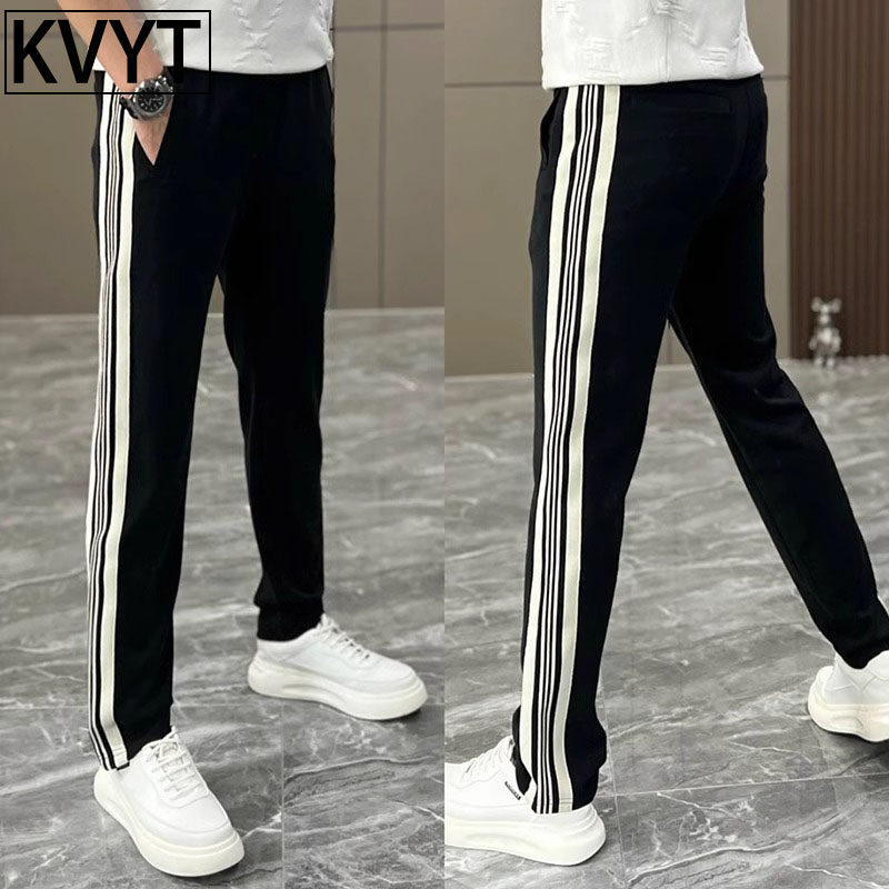 高端男士条纹休闲裤2025新款潮牌阔腿小脚裤男款直筒运动裤春秋季