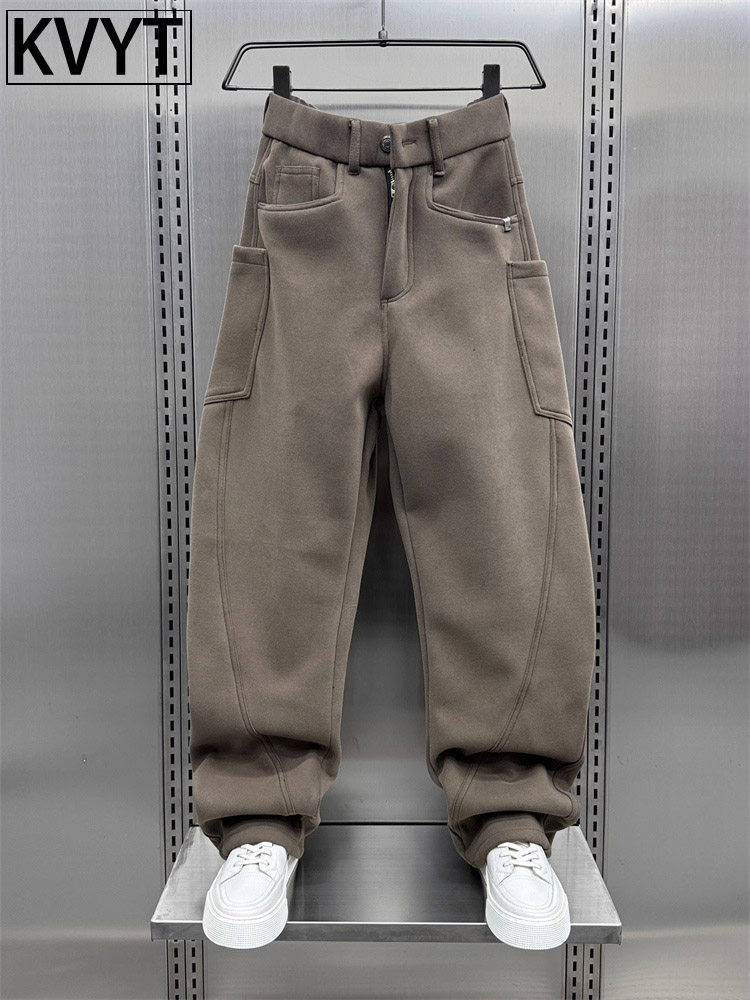 高端男士运动卫裤加绒加厚2025年冬季新款潮牌美式休闲弯刀裤男款