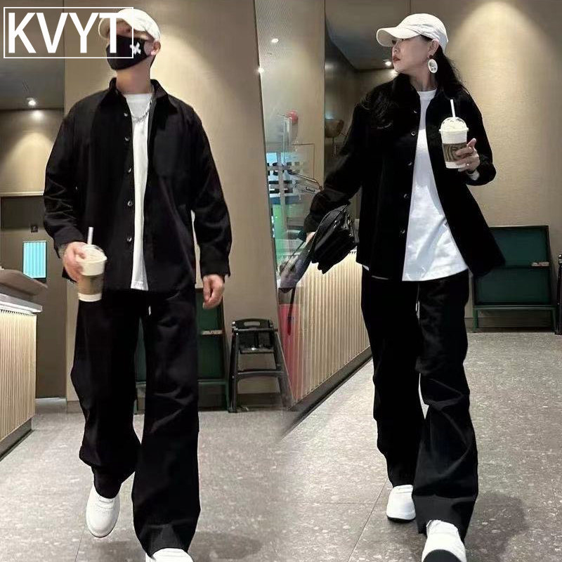 潮牌超火情侣套装2025春秋新款潮流痞帅男装一套搭配衬衫长袖男女