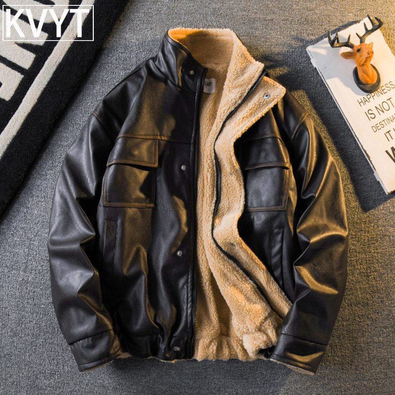 潮牌美式加厚保暖夹克男士冬季加绒棉服2026新款羊羔绒皮衣外套男