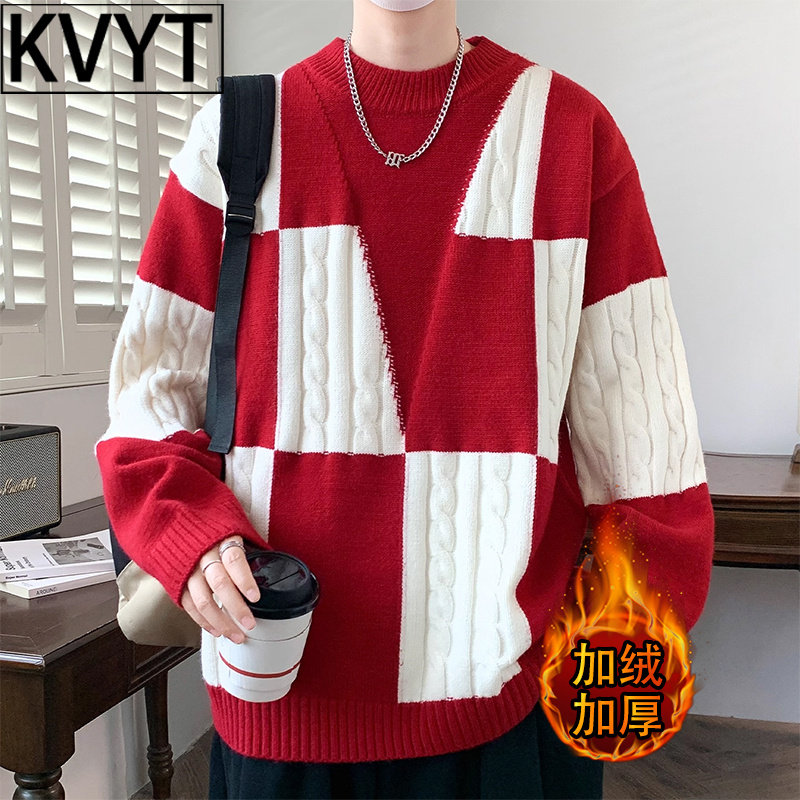 高端男士本命年红色圆领针织衫2026年冬季新款加绒加厚保暖毛衣男