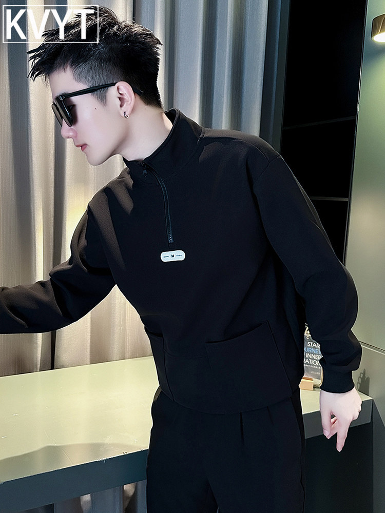 高端男士加绒卫衣2025年秋冬季新款潮牌半拉炼痞帅男装内搭打底衫