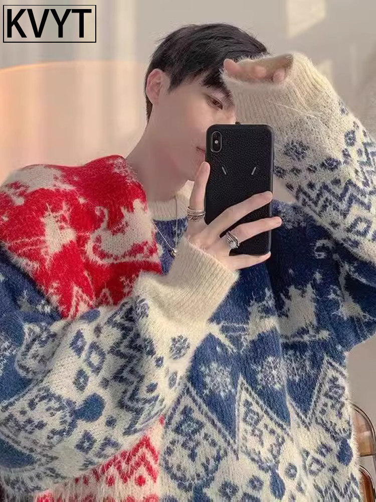 圣诞节毛衣男款冬季加厚美拉德穿搭慵懒风针织衫情侣休闲外套潮牌