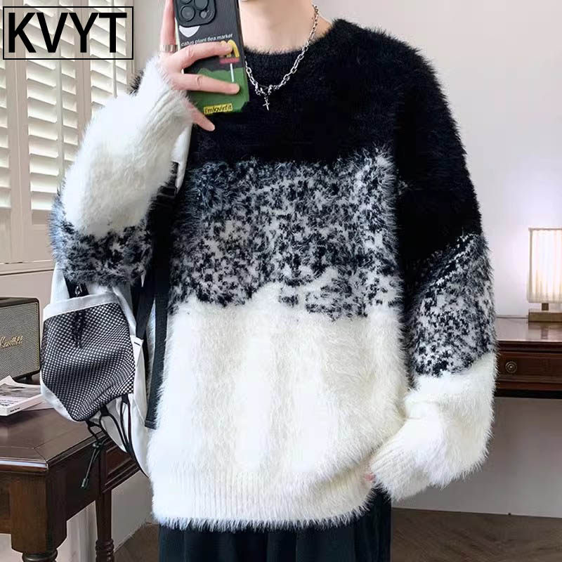 毛茸茸圆领毛衣男生冬款外套加厚保暖毛线衣拼色针织打底衫男款潮