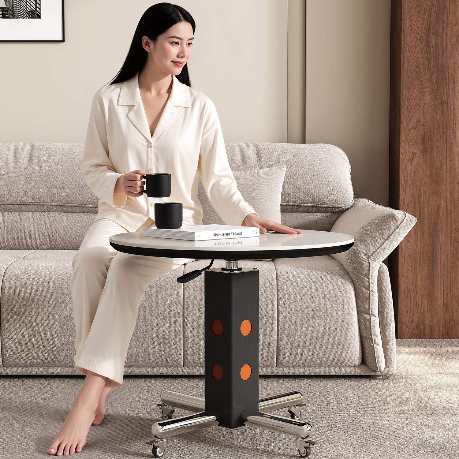 中古风角几法式复古岩板可移动边几带轮小户型客厅升降圆形小茶几