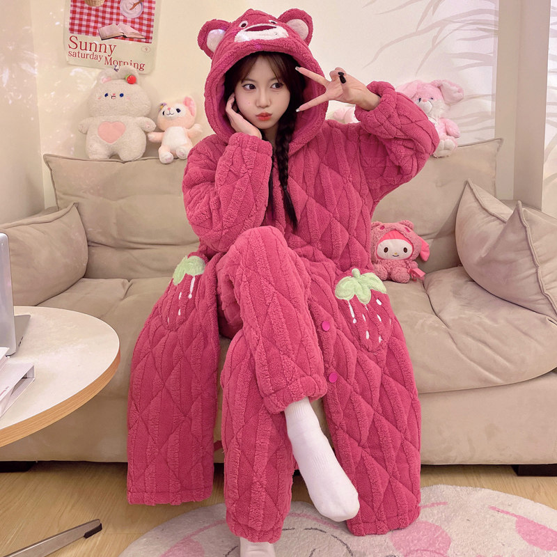 【三层夹棉睡衣女冬季加绒加厚】