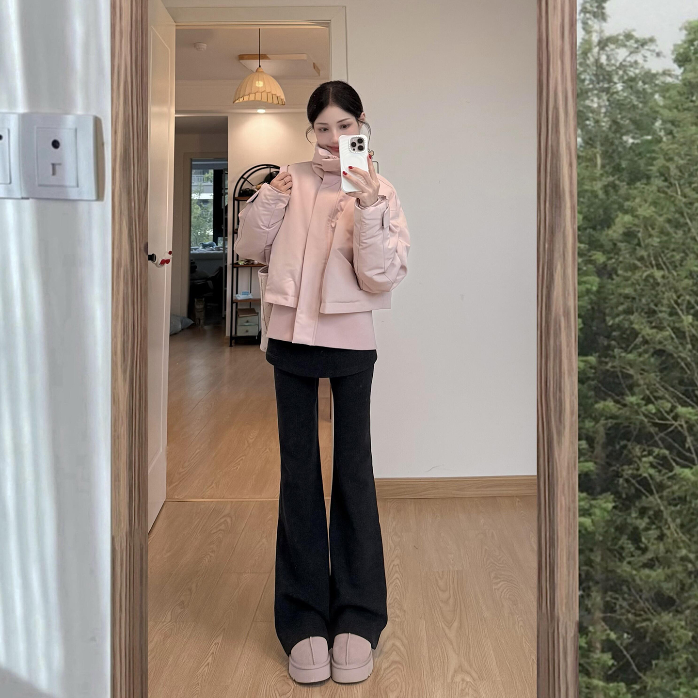 韩系粉色立领短款白鸭绒羽绒服女冬季设计感小个子加厚面包服外套