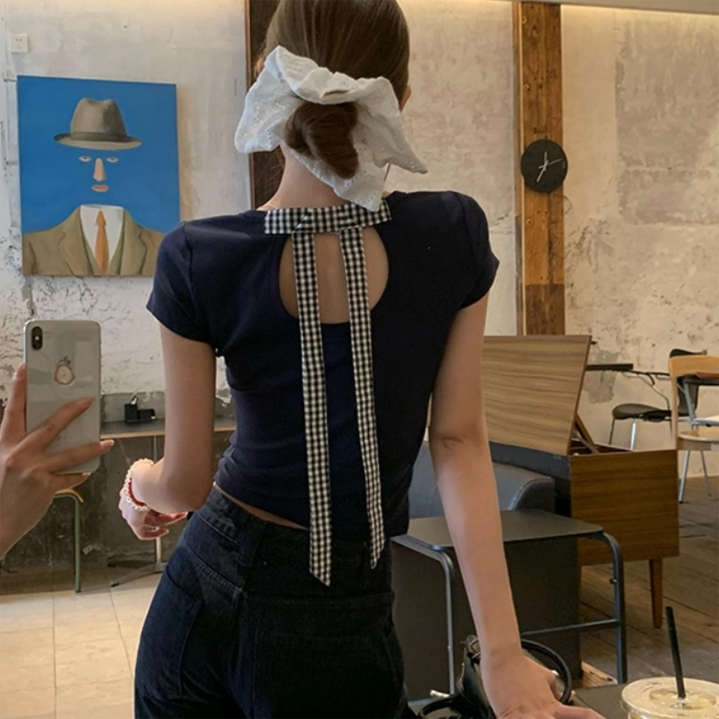 韩系藏蓝色蝴蝶结绑带正肩短袖t恤女夏季镂空辣妹修身短款上衣潮,女装/女士精品,T恤,淘宝优惠券,粉丝福利购,淘宝优惠卷