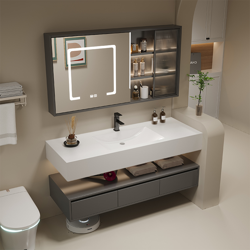 酒店风岩板陶瓷无缝一体盆浴室柜