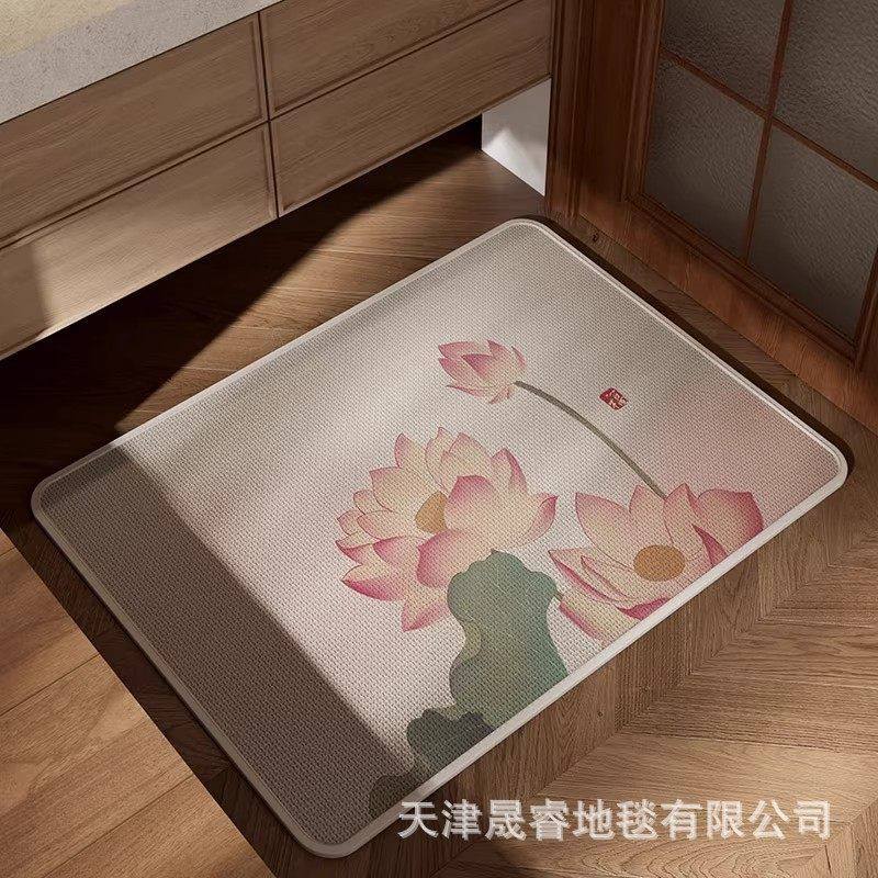 亚麻新中式荷花玄关入户门地垫浴室吸水速干防滑脚垫厨房吸油门垫,居家布艺,家用脚垫,淘宝优惠券,粉丝福利购,淘宝优惠卷