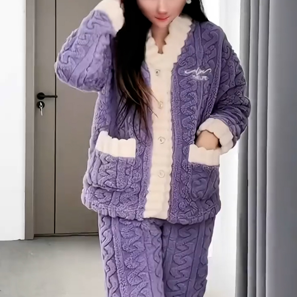 珊瑚绒V领休闲开衫加厚睡衣