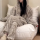 韩版 连帽珊瑚绒加厚豹纹睡衣套装 女款 可外穿休闲法兰绒宽松家居服
