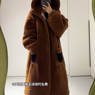 2025冬季爆款小熊连帽珊瑚绒加厚睡袍双层加绒保暖可外穿家居服女