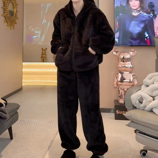 珊瑚绒加厚休闲双面北极绒连帽睡衣套装女款可外穿韩版黑色家居服