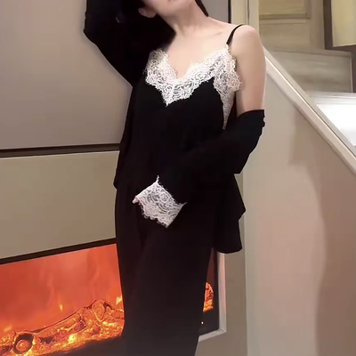 黑色蕾丝花边吊带睡衣三件套