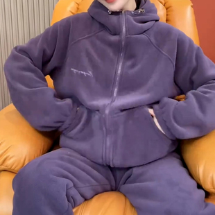 冬季休闲可外穿加绒加厚连帽睡衣两件套女款舒适保暖简约款家居服