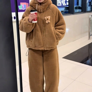 美拉德咖色极寒加绒家居服2025年秋冬季珊瑚绒可爱小熊可外穿睡衣