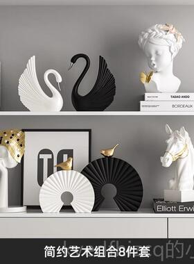 新款设计师款黑白天鹅摆件级术家居展示艺柜书房酒柜软装感饰工高