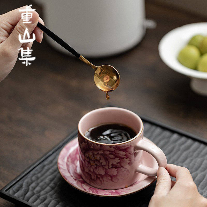 牡丹汝窑国色天香咖啡杯 陶瓷伴手礼喝水杯子泡茶杯下午茶马克杯