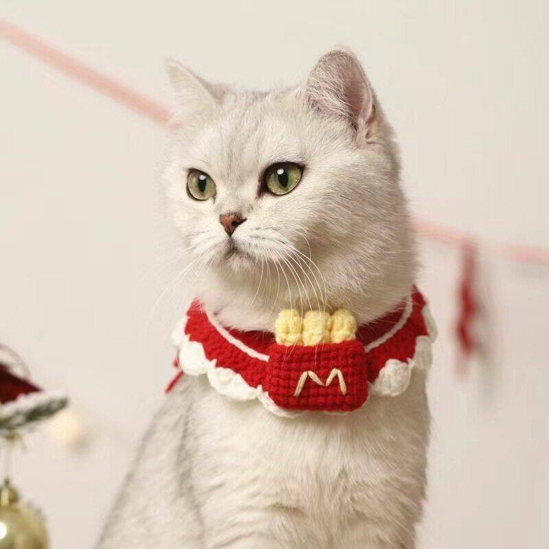麦麦薯条猫咪宠物围脖围兜围嘴 狗狗装饰品围巾项圈领节毛线编织