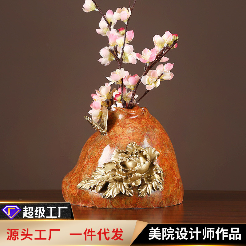 彩铜花开富贵花瓶浮雕干花花瓶花器电视柜办公室装饰品摆设礼品