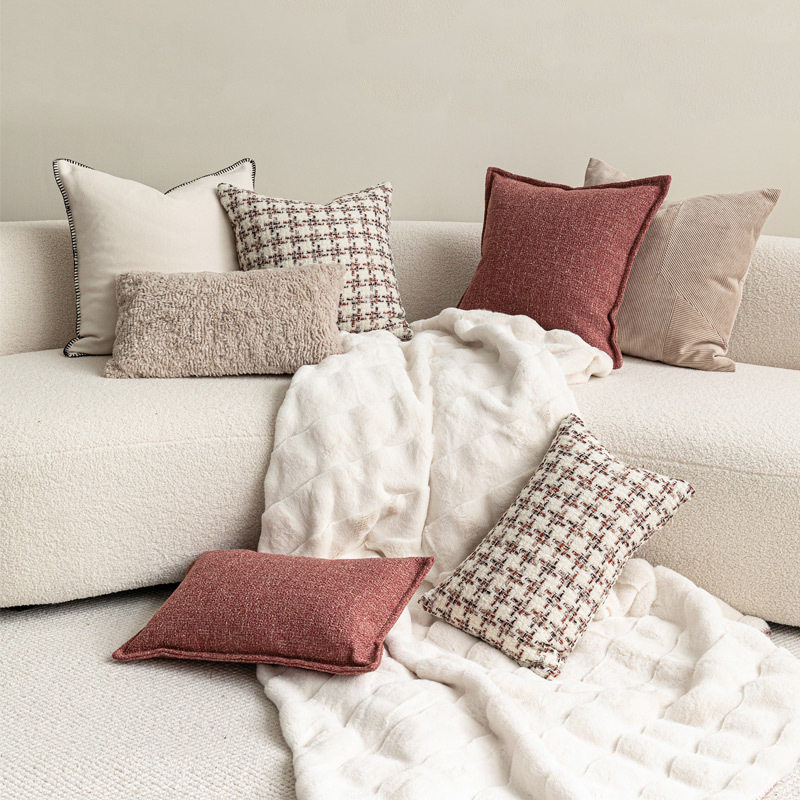 法式轻奢小香风千鸟格红杉色系抱枕套沙发靠枕靠垫腰枕民宿样板间