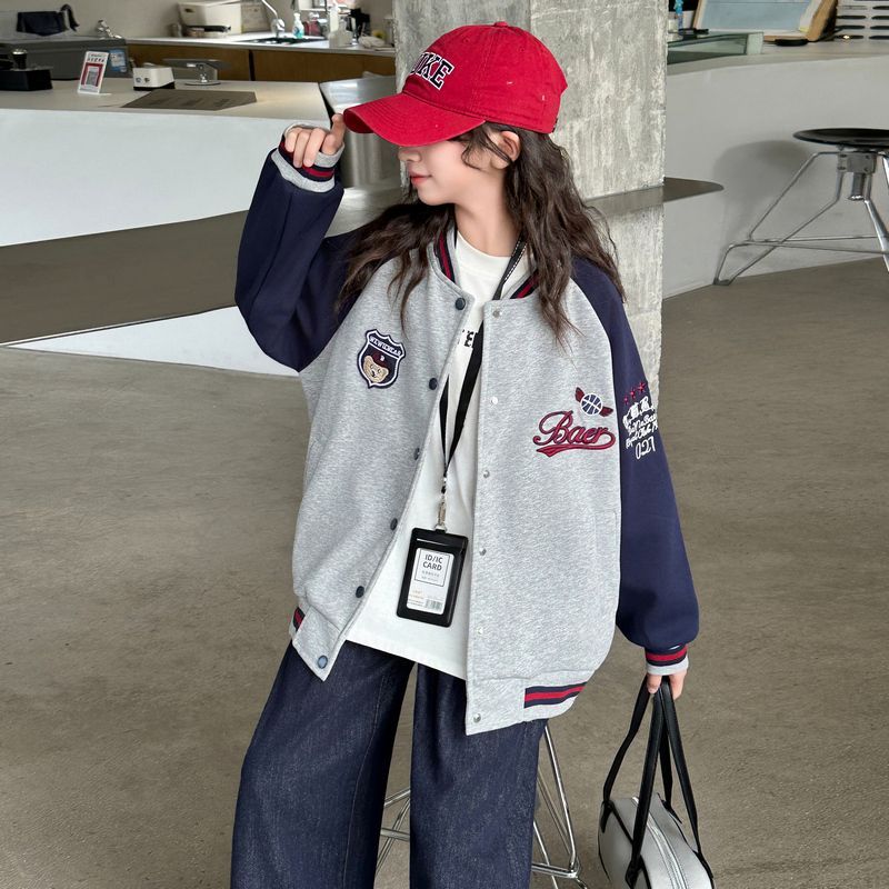 休闲时髦炸街百搭大童拼色洋气棒球服时尚百搭女童外套春秋款韩版