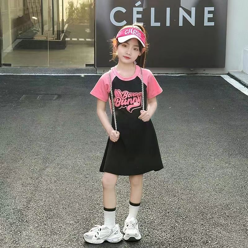 夏季女童简约休闲短袖连衣裙洋气新款儿童撞色小清新甜美公主裙潮