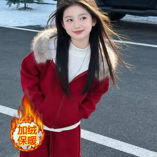 本命年冬季运动套装新年红加绒保暖儿童2件套中大童洋气休闲女装