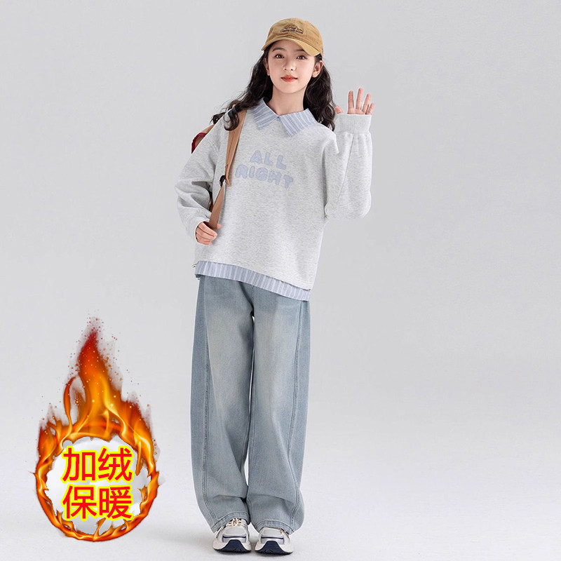 字母女童卫衣秋冬装新款儿童中大童洋气韩系休闲时髦假两件上衣潮