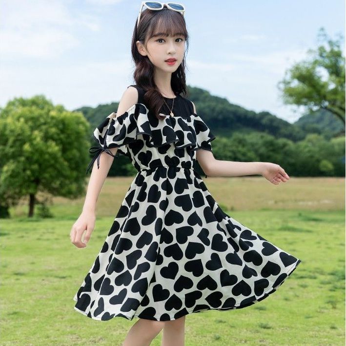 洋气时尚森系女孩公主裙韩版甜美休闲时髦百搭拼接爱心短袖连衣裙