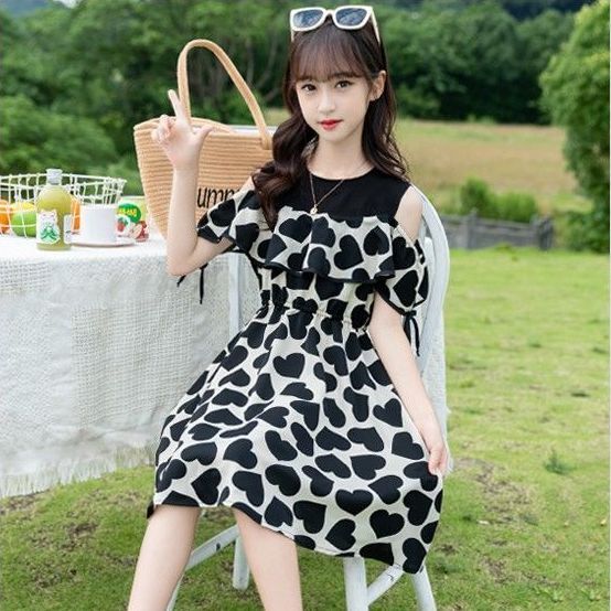 韩版甜美休闲时髦儿童拼接爱心短袖连衣裙洋气时尚森系女孩公主裙