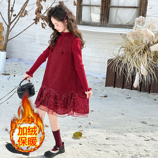 女童时尚秋冬季森系新款喜庆加绒中大童长袖上衣两件套亮片连衣裙