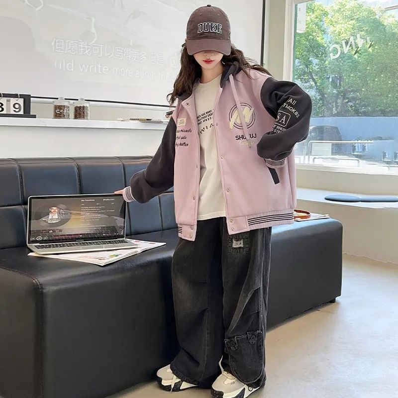 时尚热销款女童春秋季外套洋气女大童连帽卫衣开衫棒球服韩版上衣