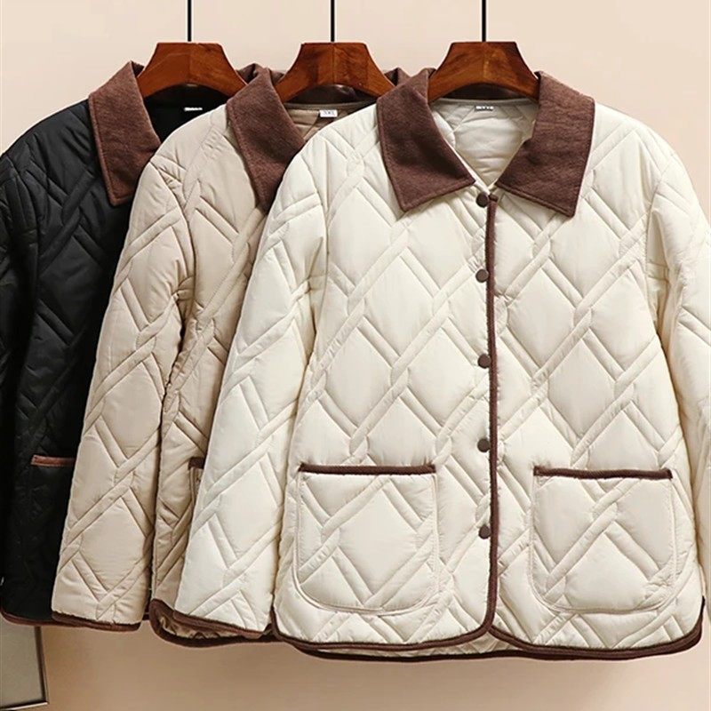 撞色翻领秋冬季轻薄保暖棉衣韩版时尚麻花设计棉服#2566